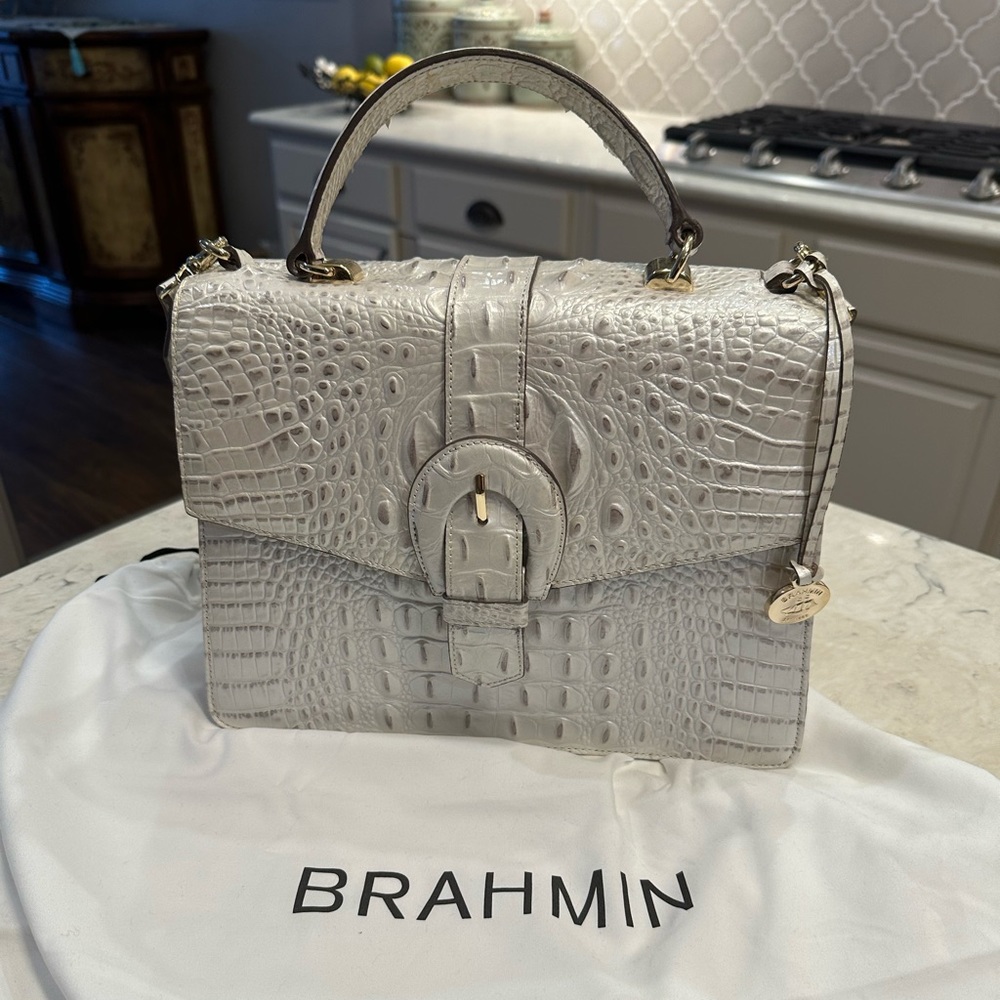Brahmin Embossed Croc-Pattern Top Handle Shoulder Bag in Light Gray